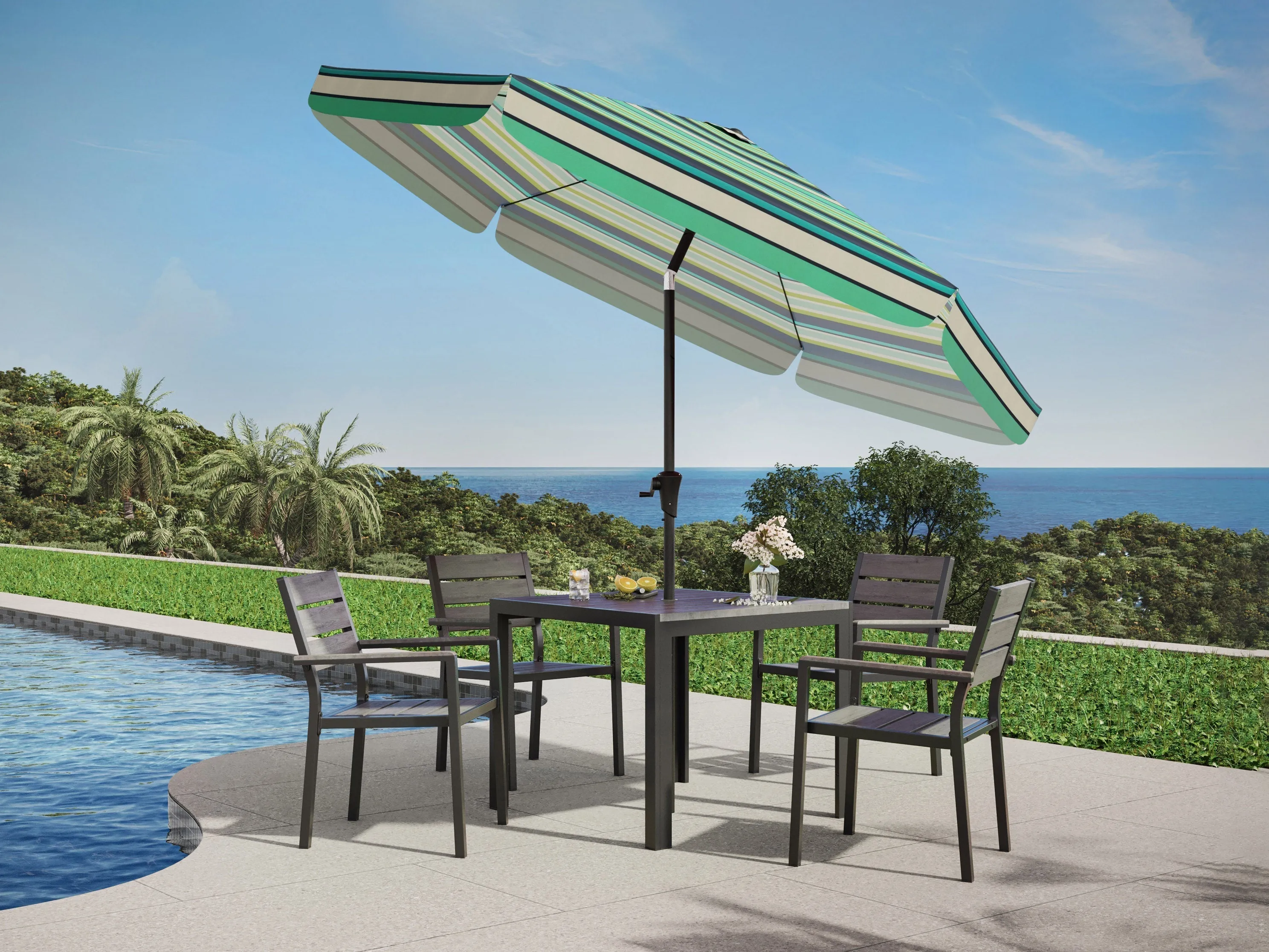 10ft Round Green and White Patio Umbrella