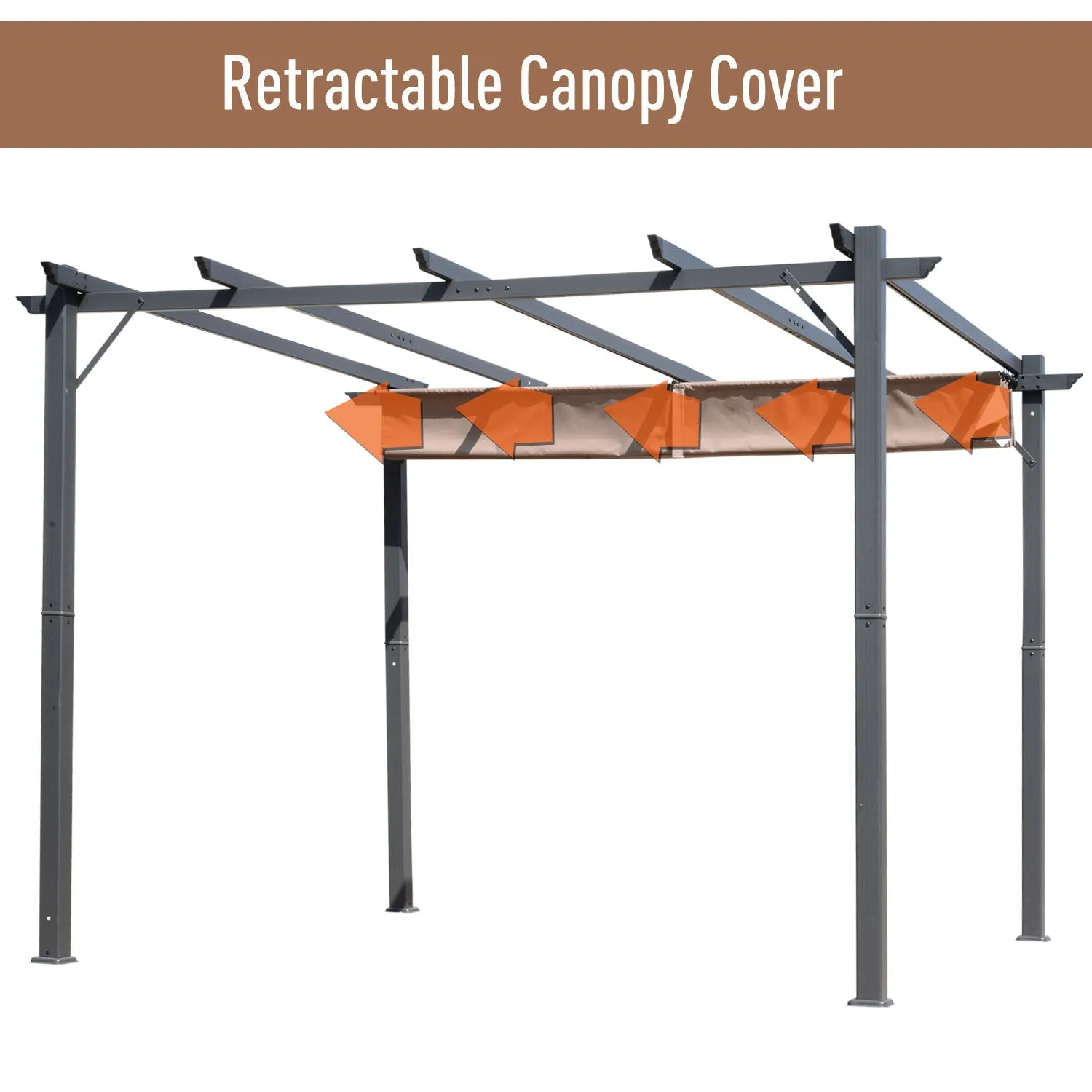 10x10 ft Aluminum Pergola Gazebo with Retractable Canopy - Brown & Black