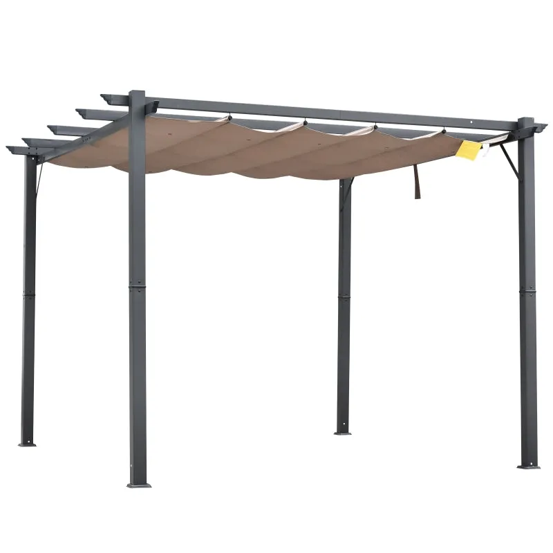 10x10 ft Aluminum Pergola Gazebo with Retractable Canopy - Brown & Black