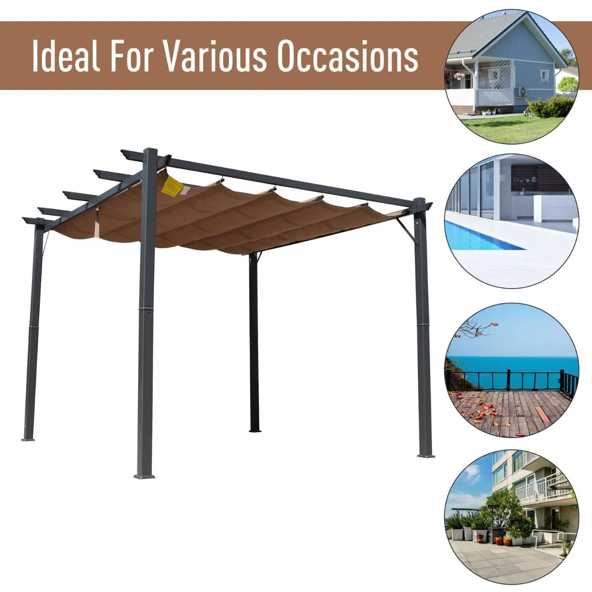 10x10 ft Aluminum Pergola Gazebo with Retractable Canopy - Brown & Black