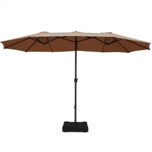 15 Foot Extra Large Patio Double Sided Umbrella with Crank and Base-Tan