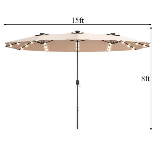 15 Ft Patio LED Crank Solar Powered 36 Lights  Umbrella-Beige