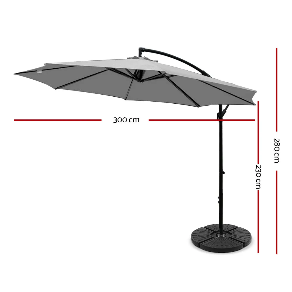 3M Umbrella with 48x48cm Base Outdoor Umbrellas Cantilever Sun Beach Garden Patio Grey