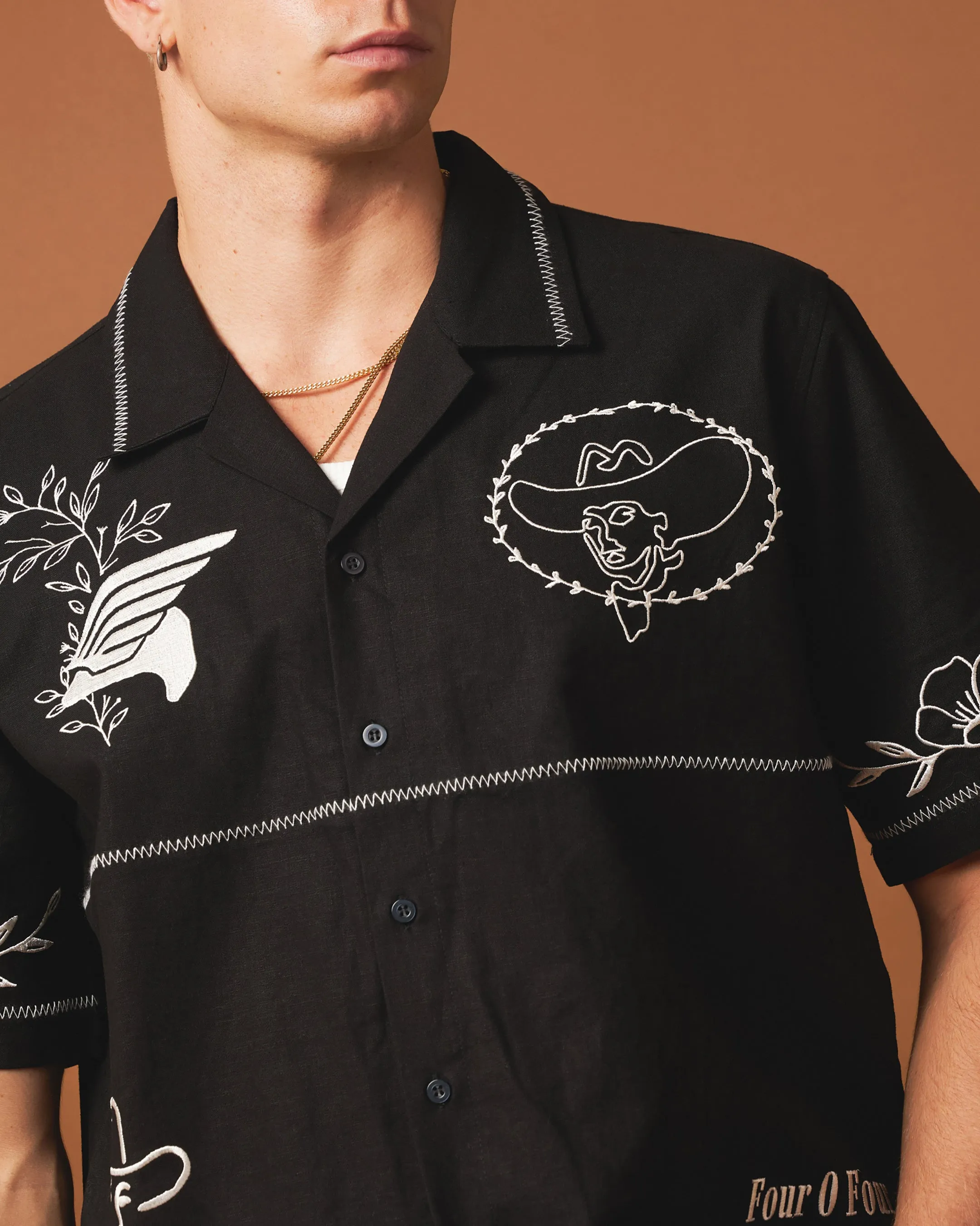 404 Frontier Embroidered Button Up Shirt Black