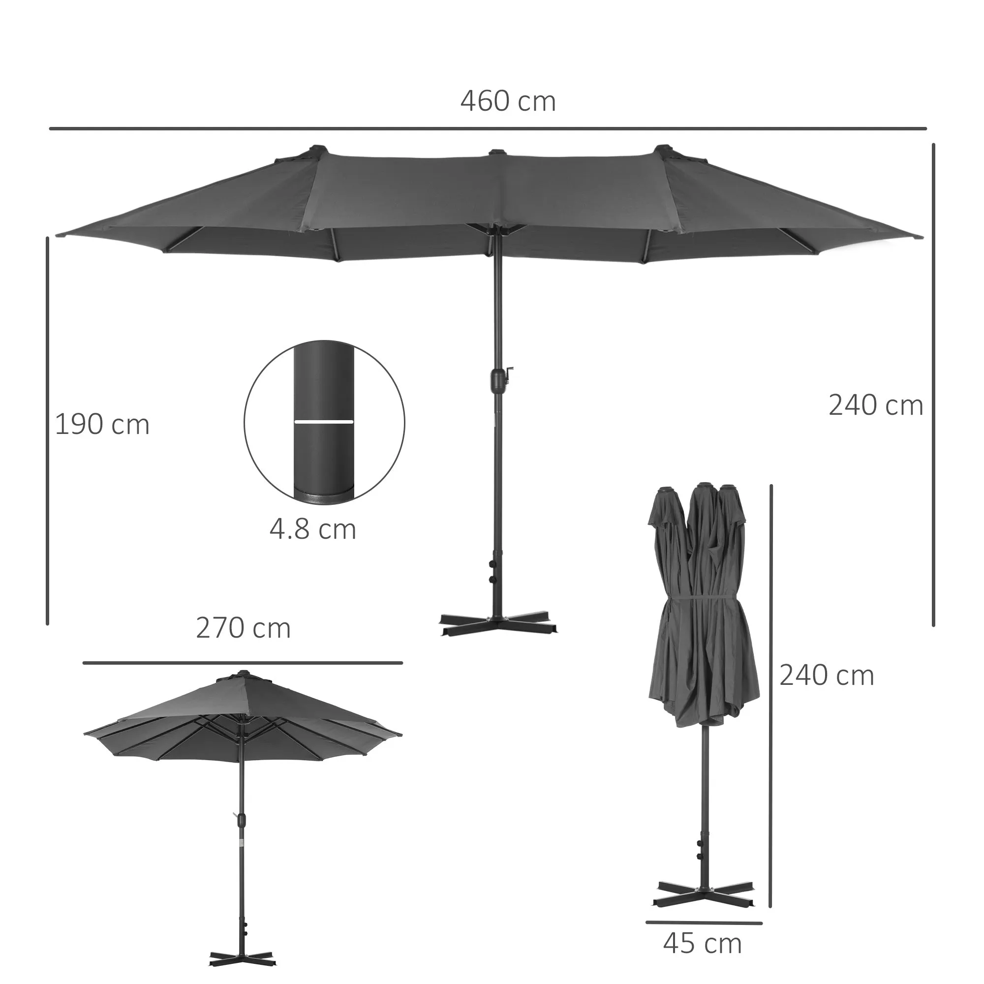 4.6m Garden Parasol Double-Sided Sun Umbrella Patio Market Shelter Canopy Shade Outdoor with Cross Base – Grey