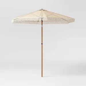 7.5'x7.7' Hexagon Macrame Outdoor Patio Market Umbrella Beige with Faux Wood Pole - Threshold