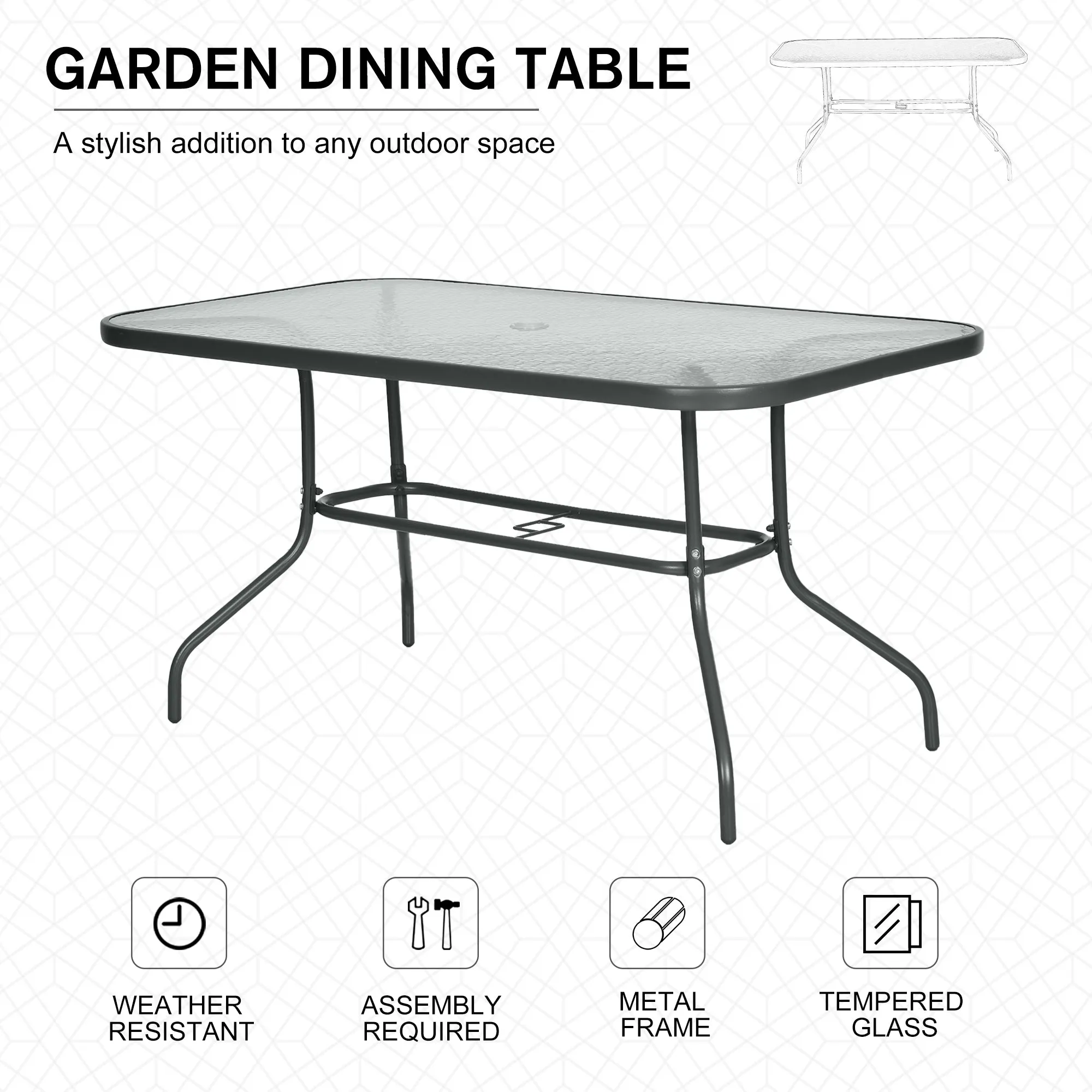 Aquatex Glass Garden Table Curved Metal Frame w/ Parasol Hole 4 Legs Outdoor Dining Sturdy Balcony Friends Family Tempered Grey