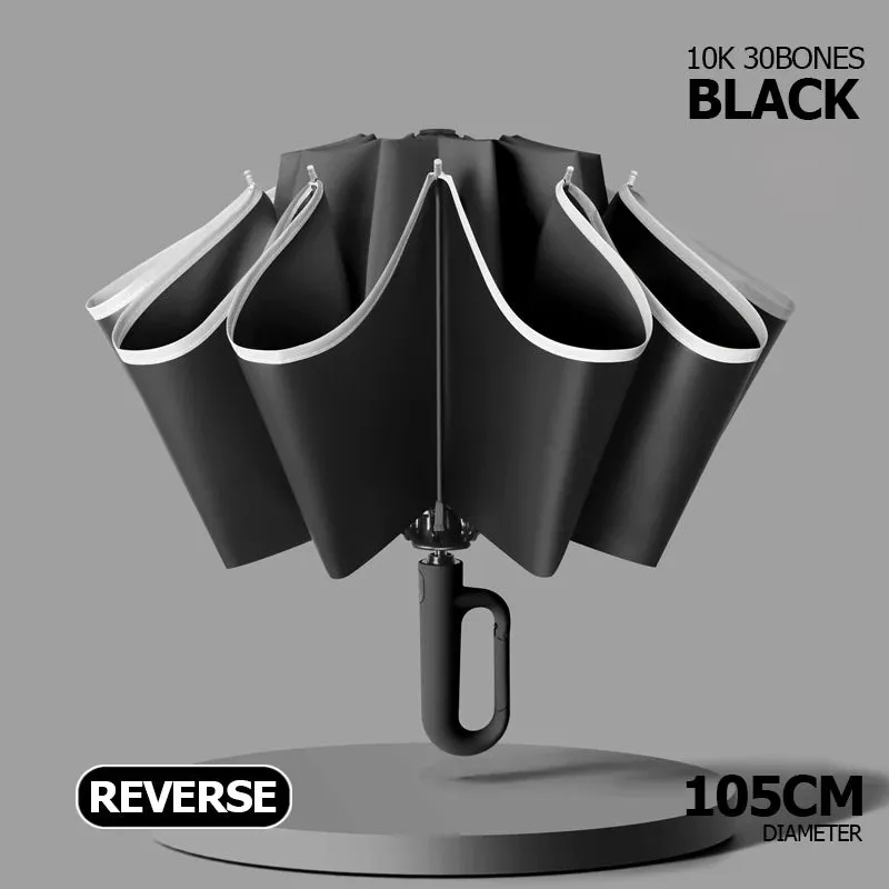 Big Windproof Strong Umbrella with Reflective Stripe Reverse Automatic Fold UV Umbrella for Rain Sun Carabiner Handle Luxury