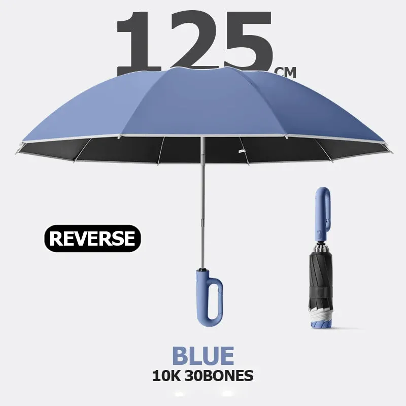 Big Windproof Strong Umbrella with Reflective Stripe Reverse Automatic Fold UV Umbrella for Rain Sun Carabiner Handle Luxury