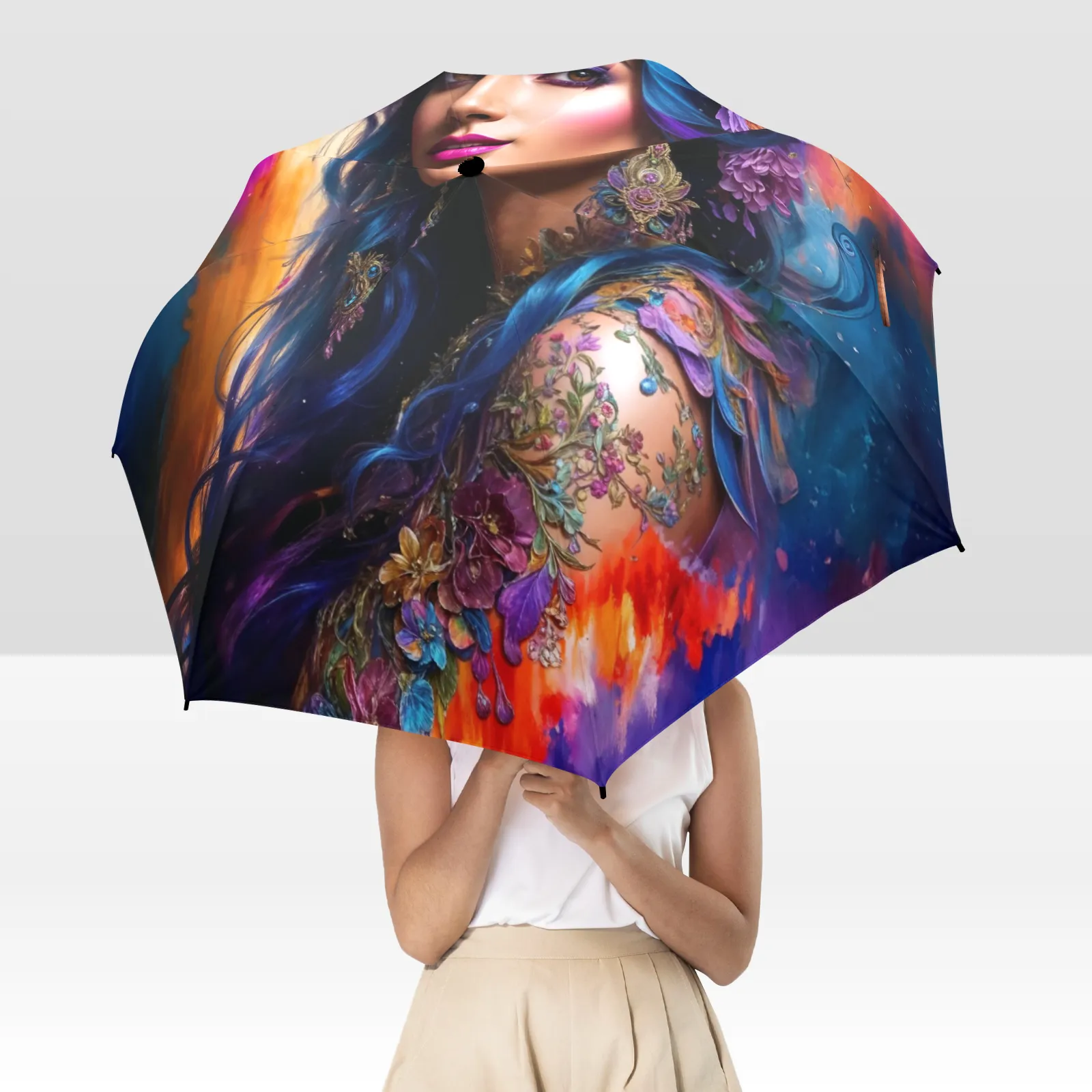 Colorful Artistic Floral Umbrella - Semi-Automatic Foldable