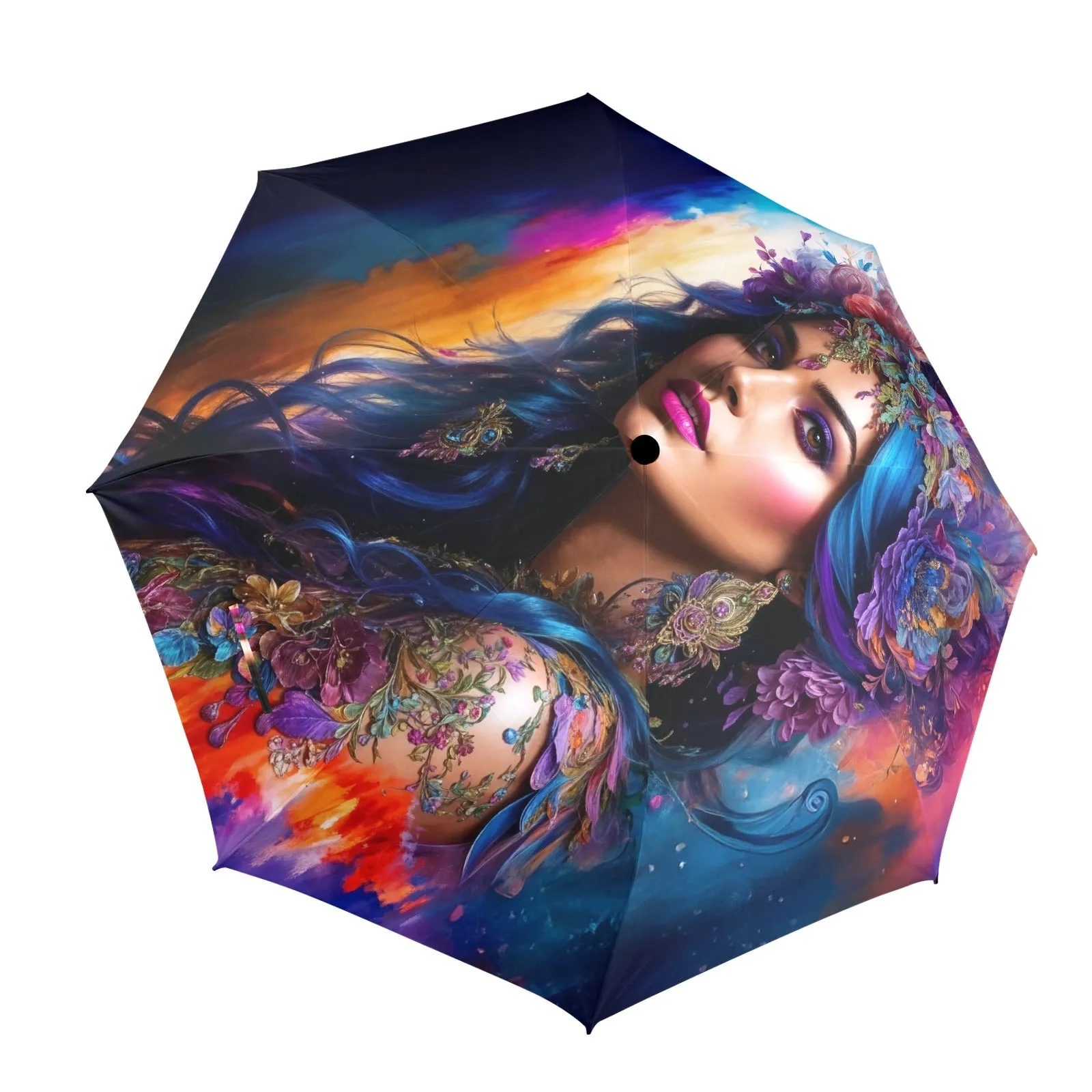 Colorful Artistic Floral Umbrella - Semi-Automatic Foldable