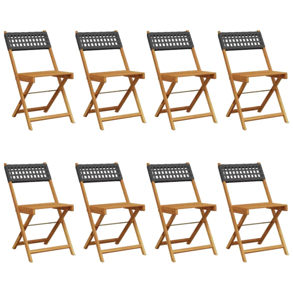 Folding Garden Chairs 8 pcs Black Poly Rattan and Solid Wood