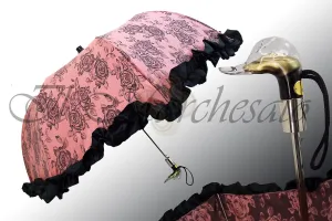 Folding Pink Umbrella with Black Ruffle