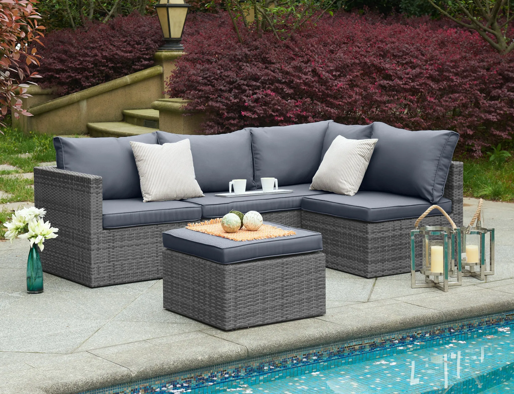 Forli 6 Seater Rattan Corner Sofa & Footstool Garden Furniture Set With Rain Cover