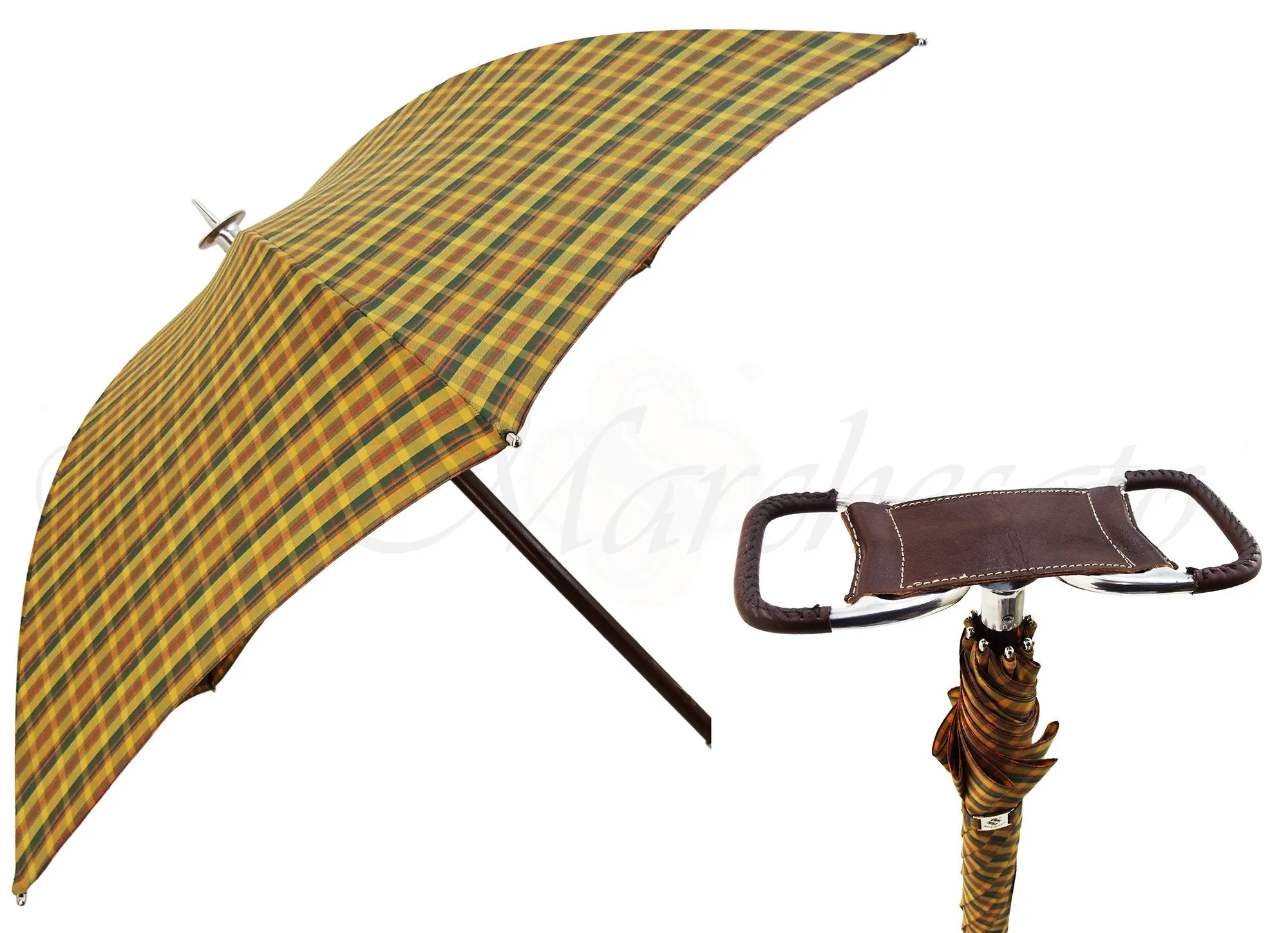 Handmade Leather Seat Umbrella- Multicolored Tartan