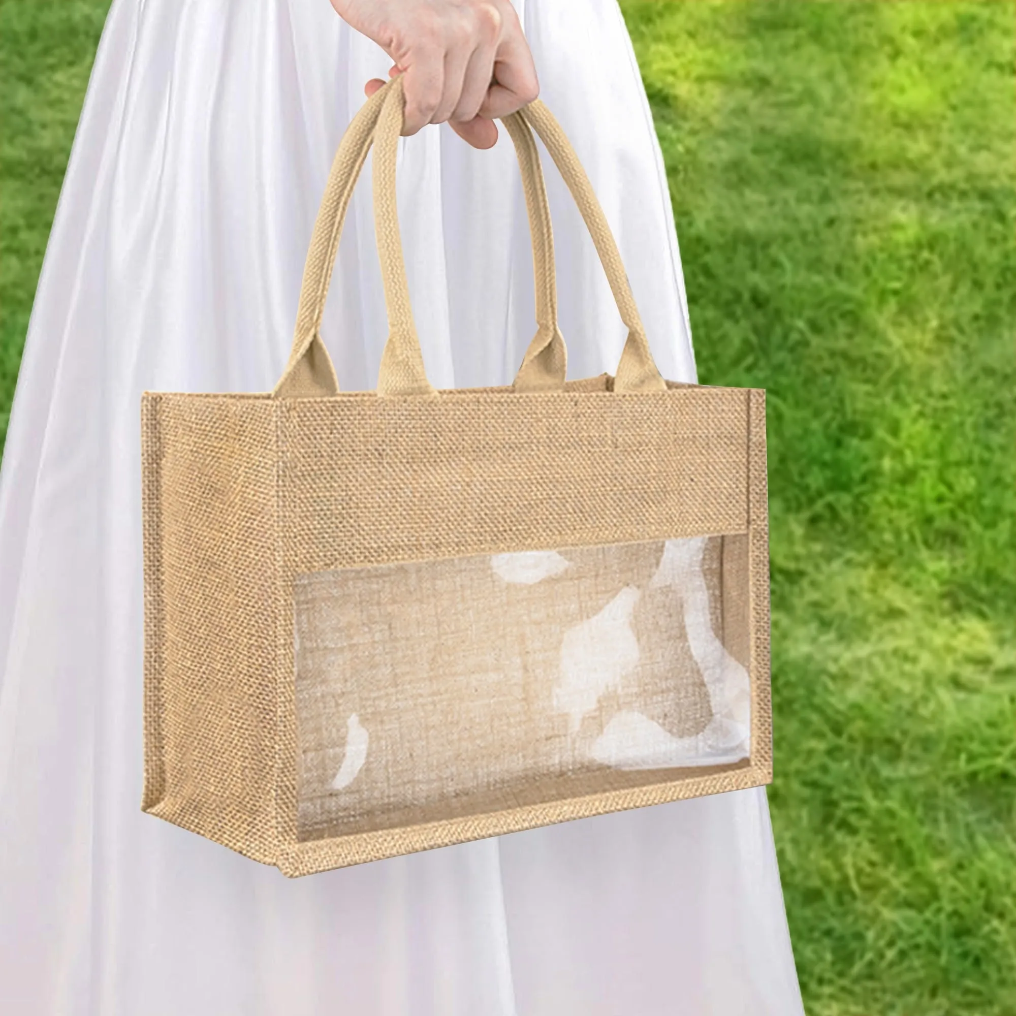 Jute Burlap Tote Bag with Transparent PVC Film Window