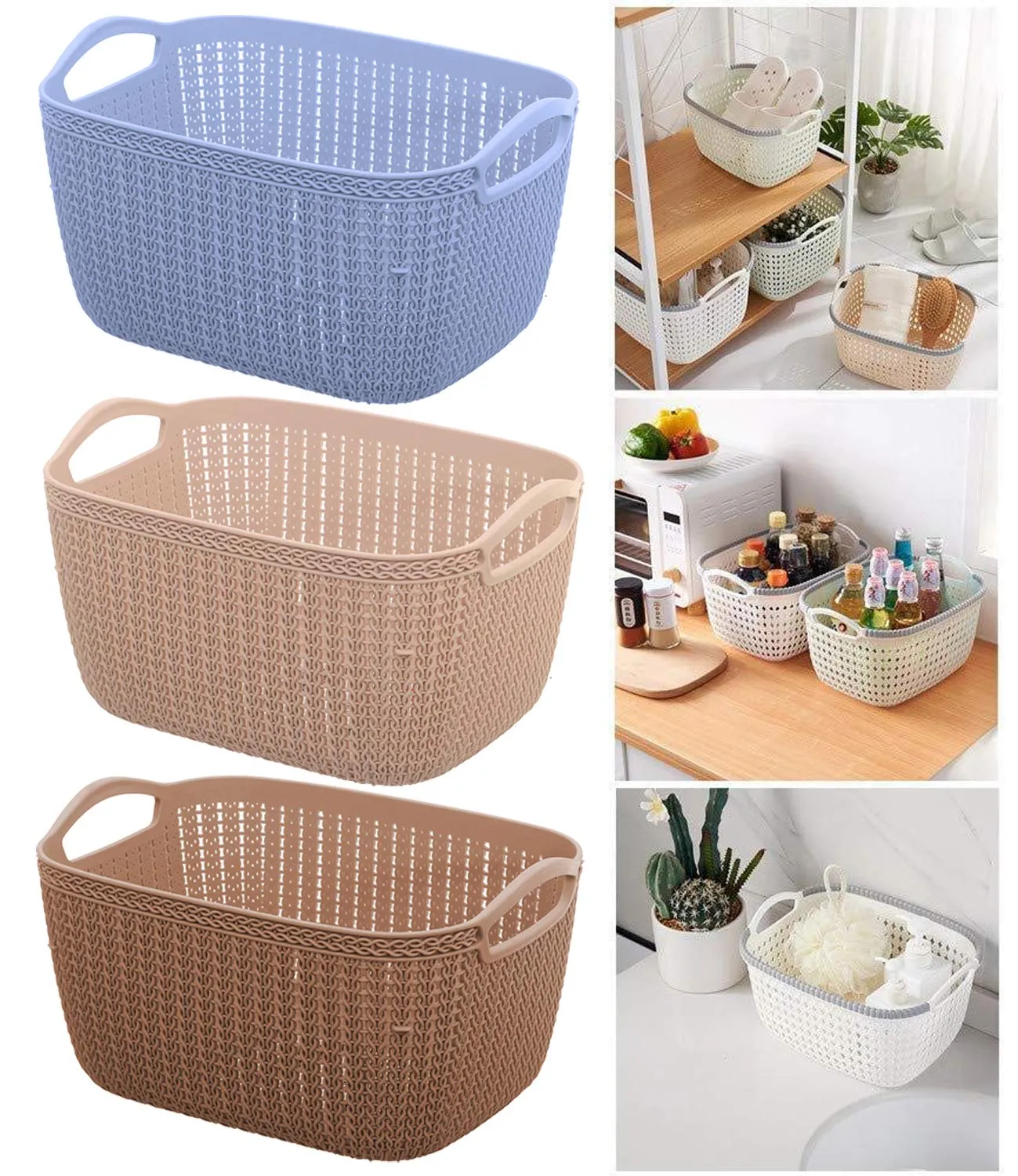 Kuber Industries (Set of 4) Plastic Basket with Handle - Fruit & Picnic Tokri - Also for Kitchen & Bathroom Items Storage - Dark Pink