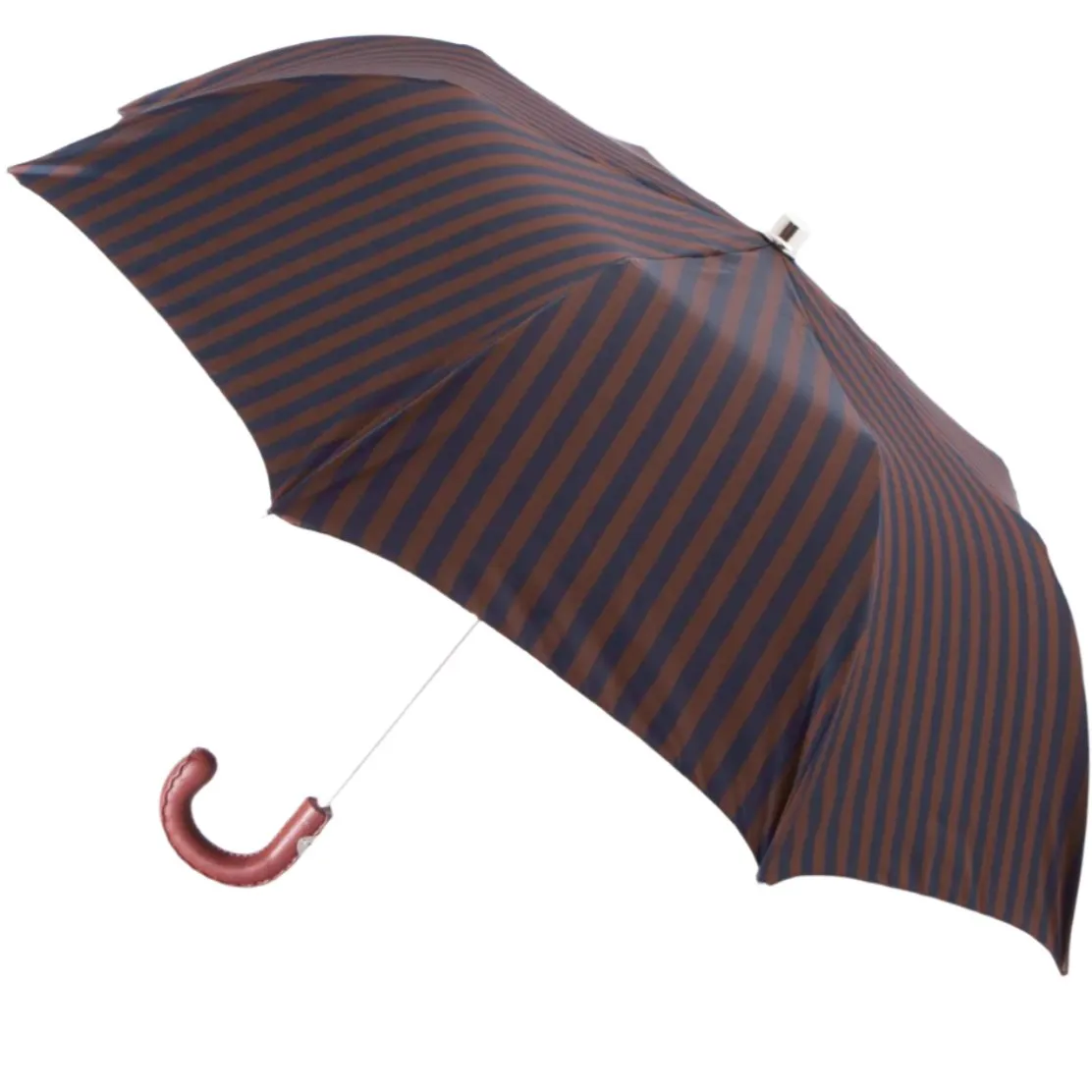 Navy and Brown Stripe Travel Umbrella with Leather Handle