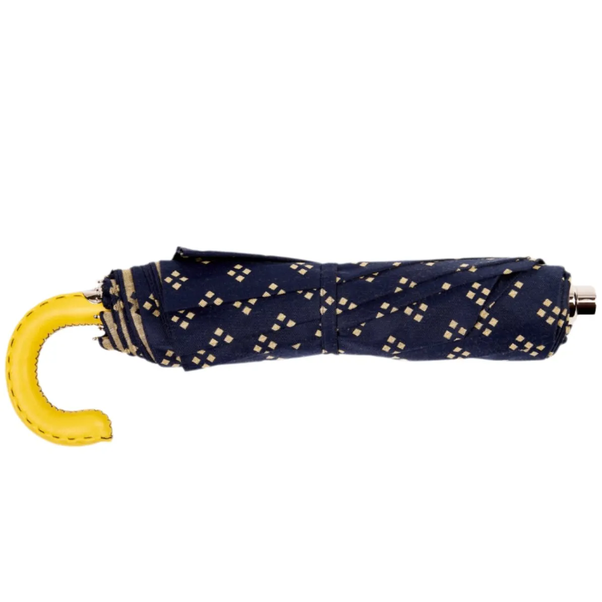 Navy And Yellow Geometric Travel Umbrella With Leather Handle