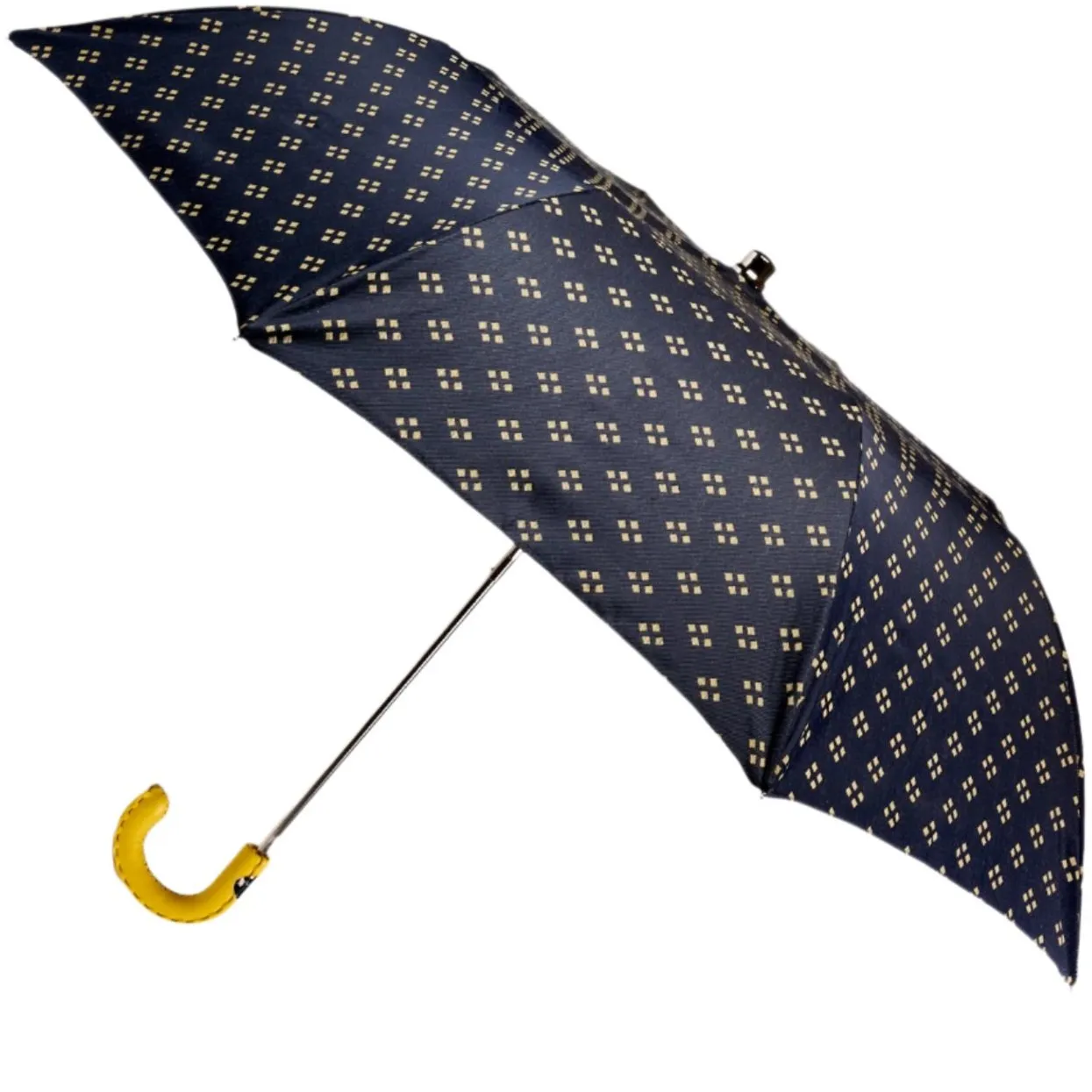 Navy And Yellow Geometric Travel Umbrella With Leather Handle