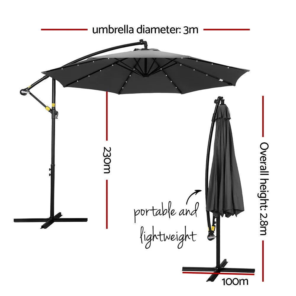 Outdoor Umbrella 3M Cantilever Beach LED Garden Shade Patio Charcoal