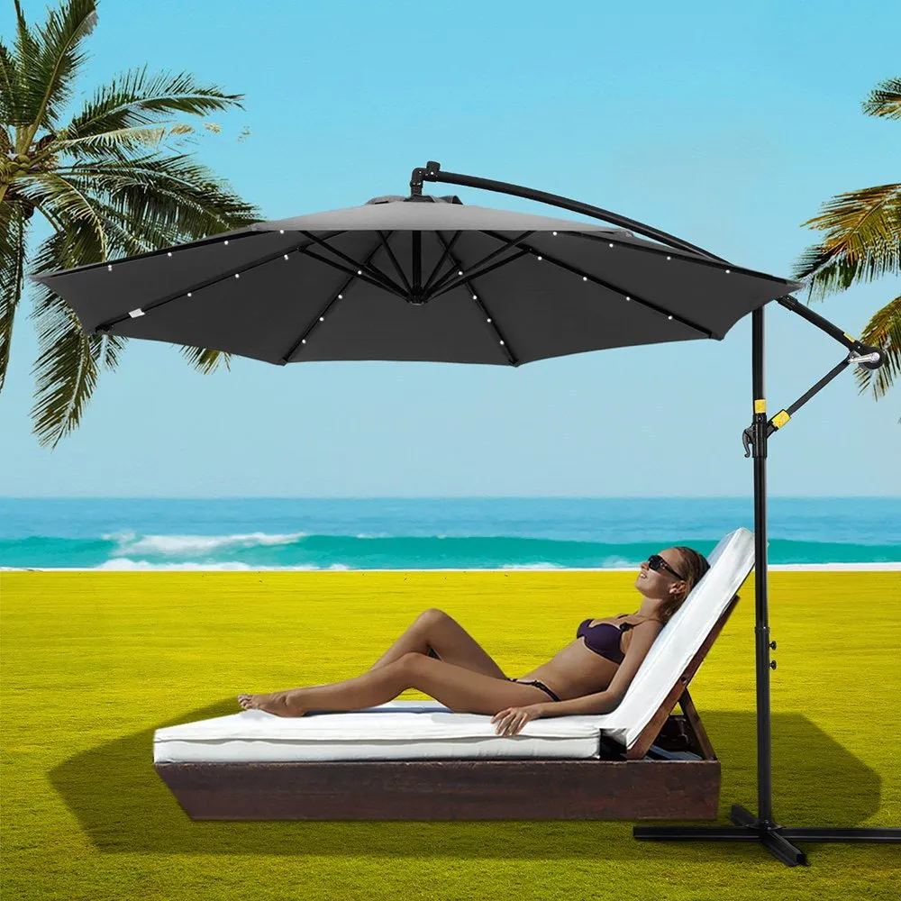 Outdoor Umbrella 3M Cantilever Beach LED Garden Shade Patio Charcoal