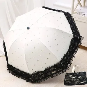 Parasol Lace Princess Umbrella Wedding Decoration Foldable Rainproof Sunscreen UV Protection, White