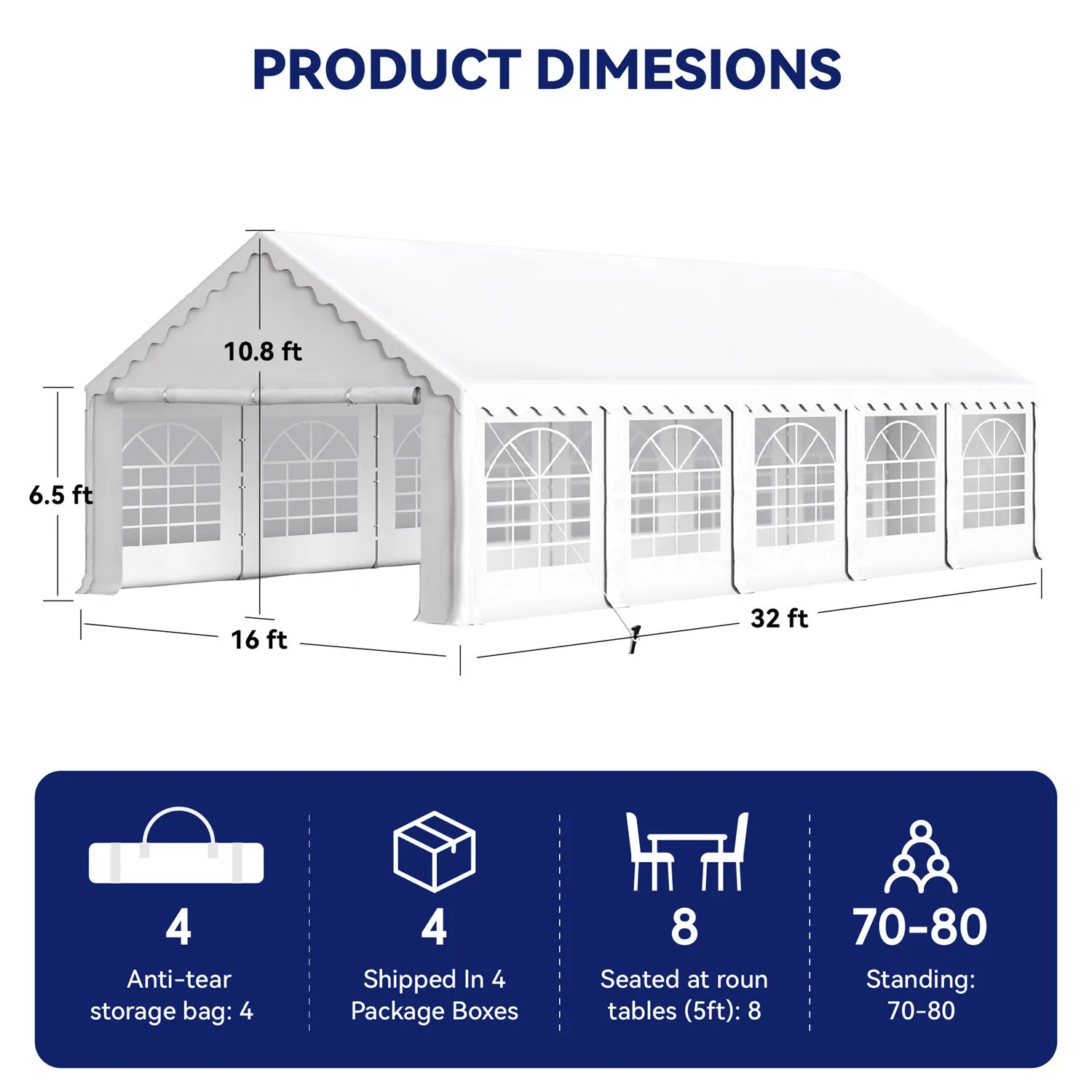 Phi Villa White Heavy Duty Party Tent Wedding Event Shelter with Removable Sidewalls