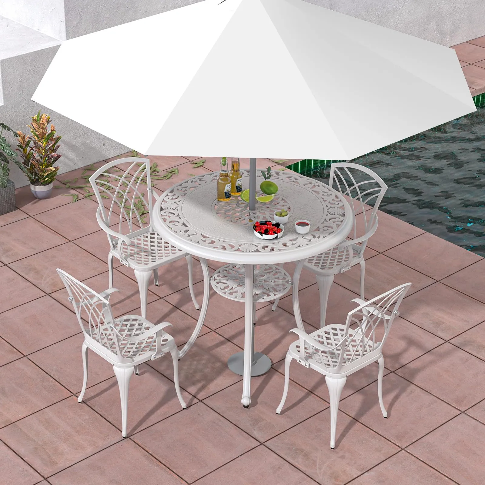 Tangkula 31.5” Cast Aluminum Patio Dining Table, Round Outdoor Bistro Table with 2” Umbrella Hole