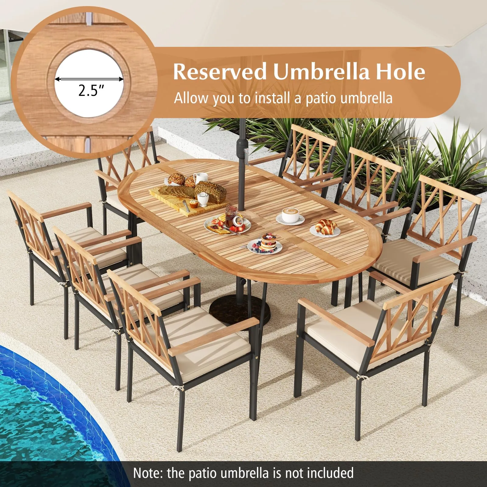 Tangkula 79-Inch Patio Dining Table, Indoor & Outdoor Dining Table w/Umbrella Hole, Acacia Wood Tabletop