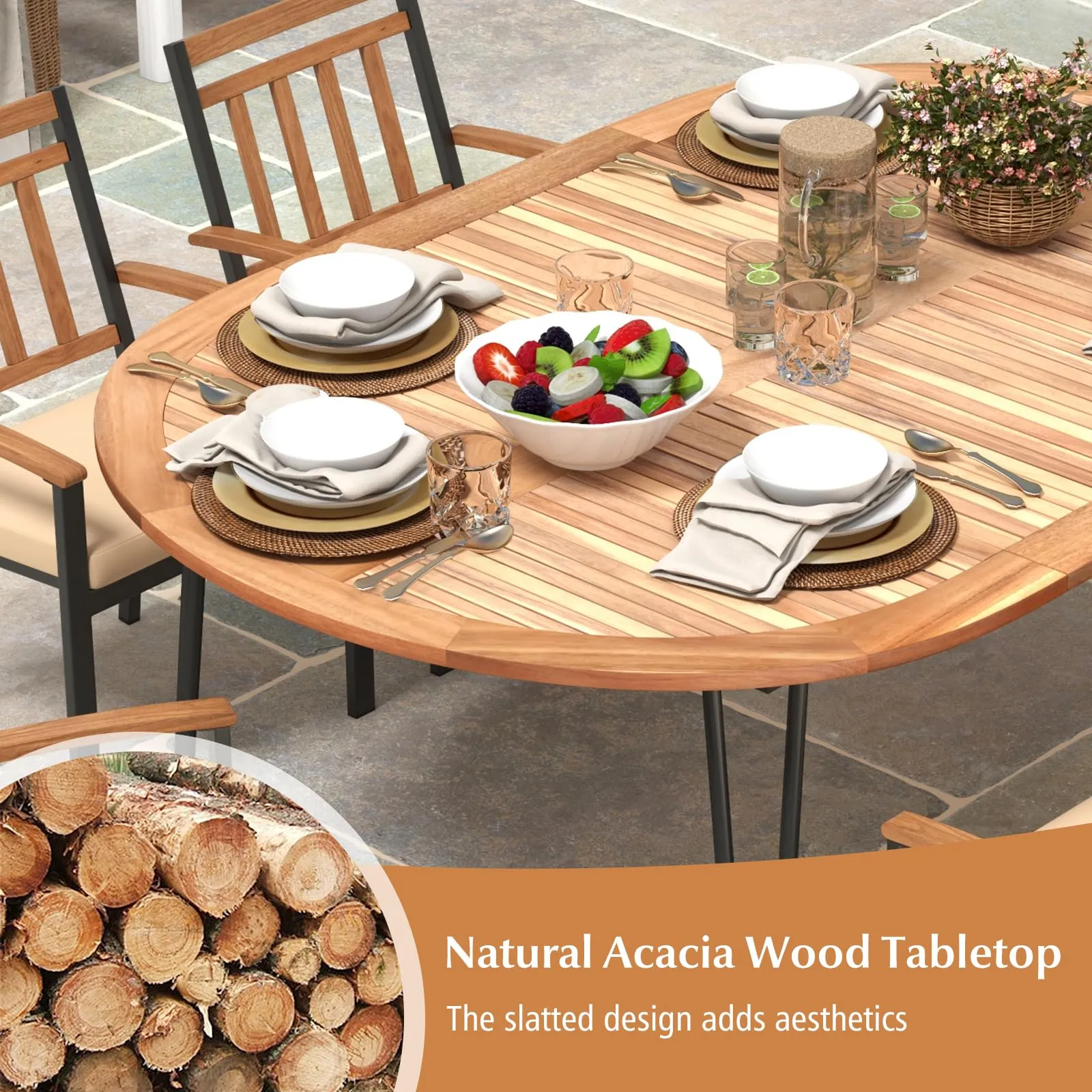 Tangkula 79-Inch Patio Dining Table, Indoor & Outdoor Dining Table w/Umbrella Hole, Acacia Wood Tabletop