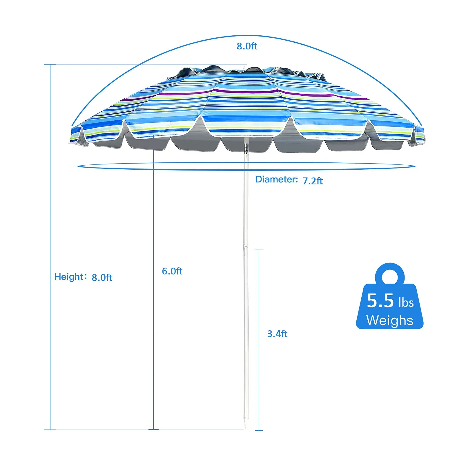 Tangkula 8FT Beach Umbrella, Portable Beach Umbrella W/Sand Anchor & Tilt Mechanism, 16 Sturdy Fiberglass Ribs