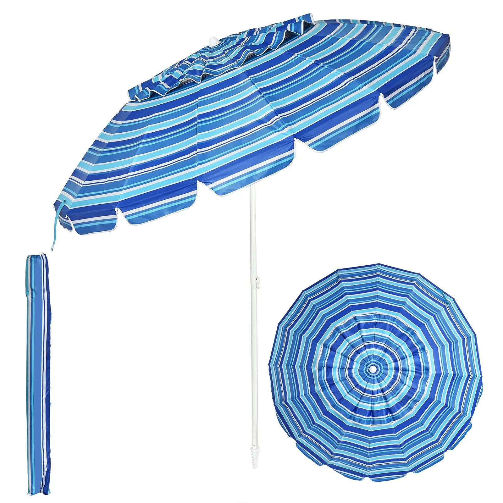 Tangkula 8FT Beach Umbrella, Portable Beach Umbrella W/Sand Anchor & Tilt Mechanism, 16 Sturdy Fiberglass Ribs