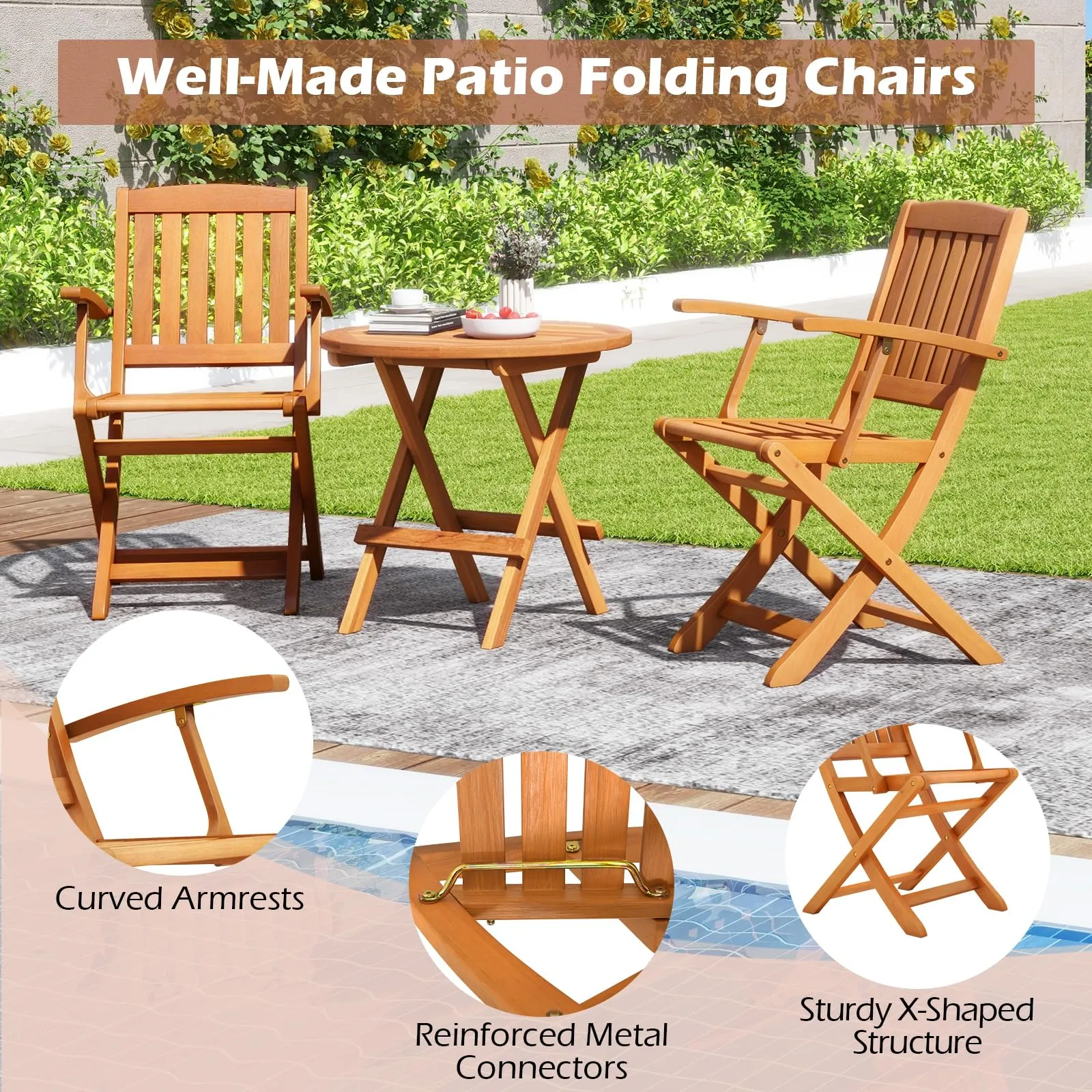 Tangkula Patio Wood Folding Chair , Outdoor Eucalyptus Wood Dining Chairs w/Armrests & Slatted Seat