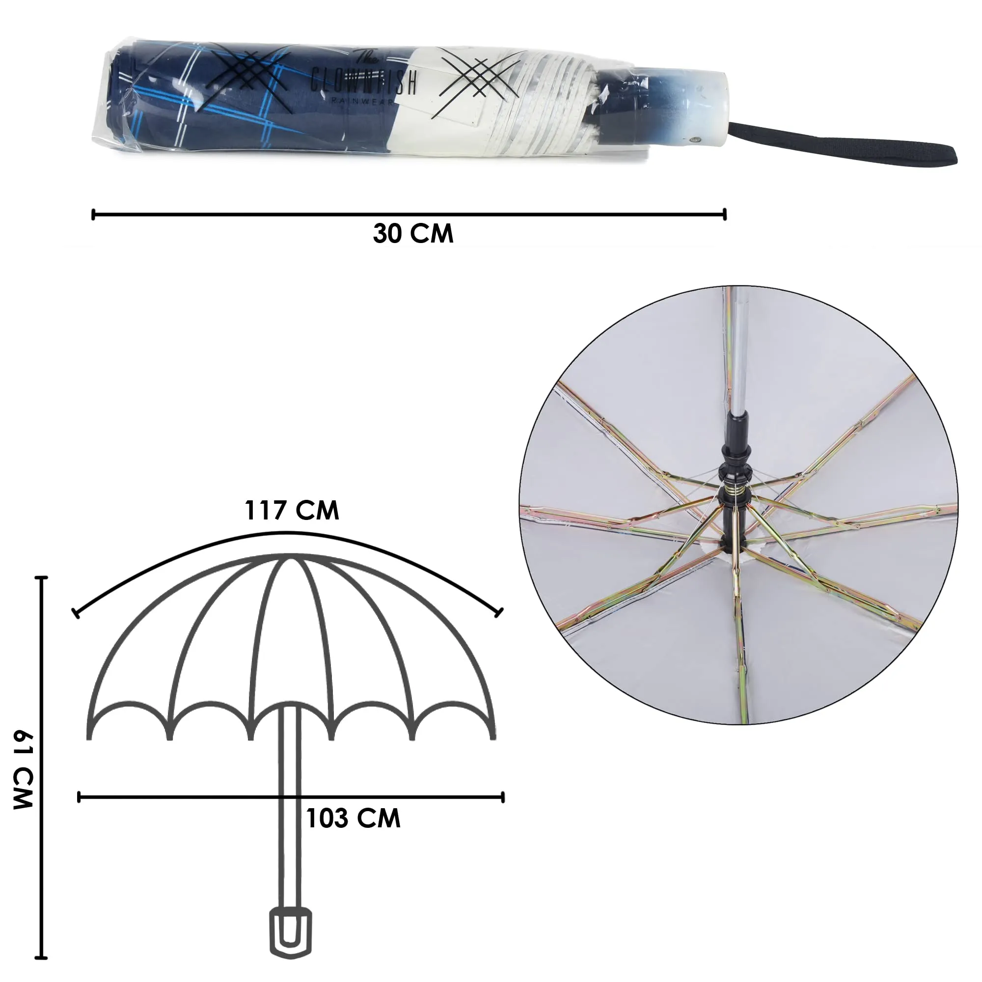 THE CLOWNFISH Umbrella 3 Fold Auto Open Waterproof Pongee Double Coated Silver Lined Umbrellas For Men and Women (Checks Design- Royal Blue)