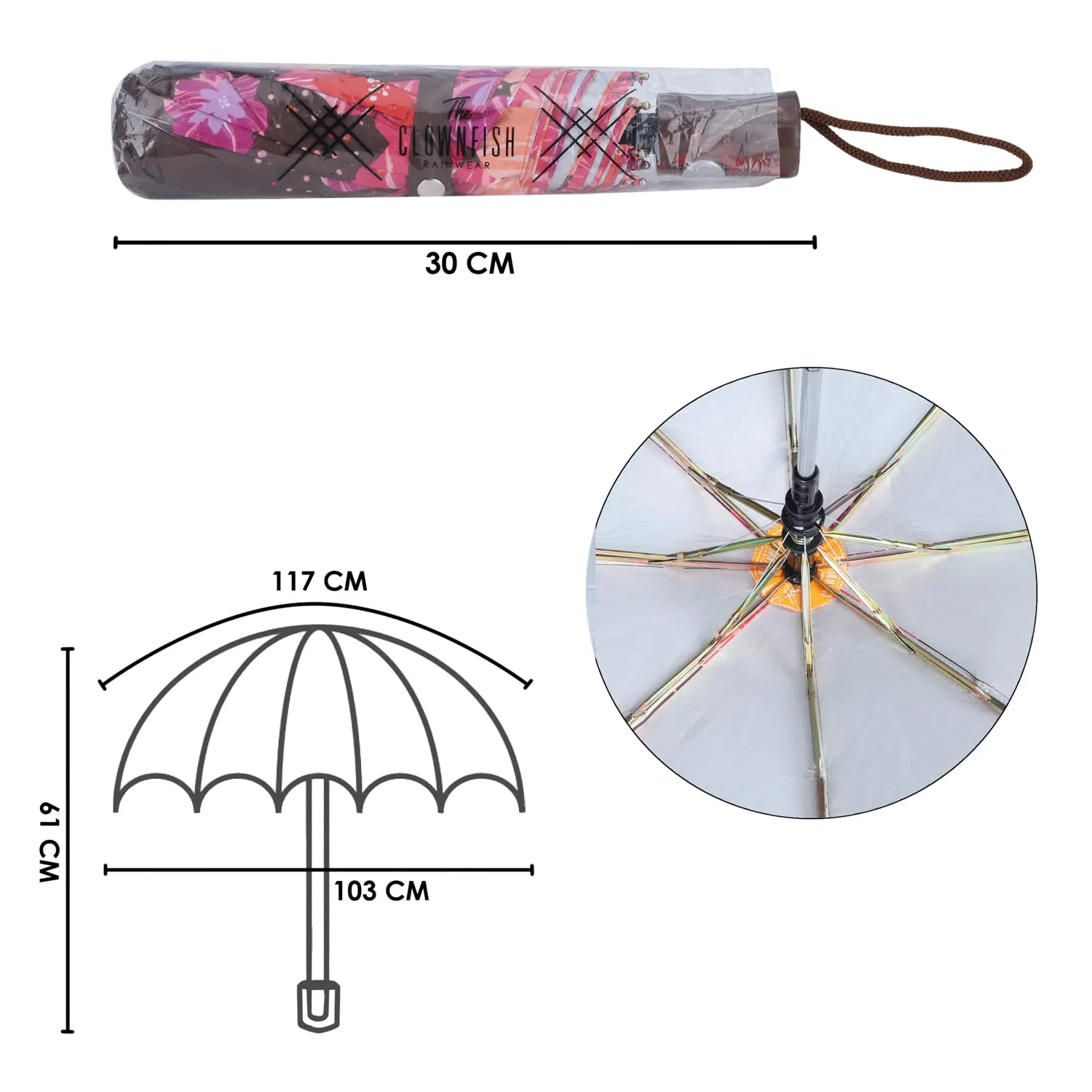 THE CLOWNFISH Umbrella 3 Fold Auto Open Waterproof Pongee Double Coated Silver Lined Umbrellas For Men and Women (Printed Design- Dark Brown)