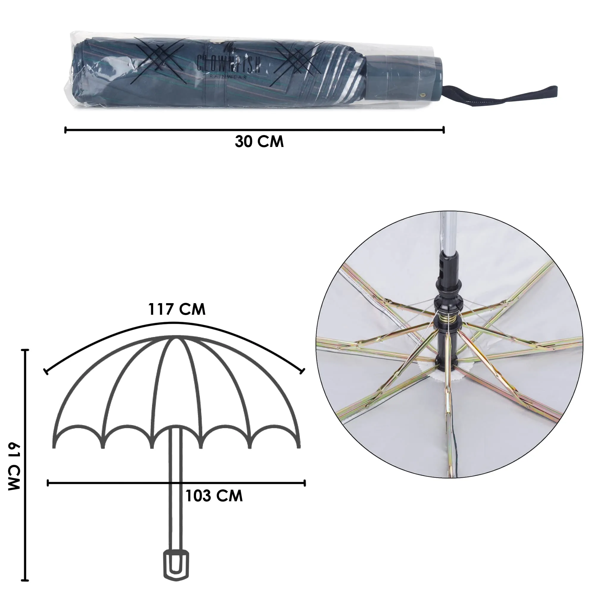 THE CLOWNFISH Umbrella 3 Fold Auto Open Waterproof Pongee Double Coated Silver Lined Umbrellas For Men and Women (Stripe Design- Bottle Green)