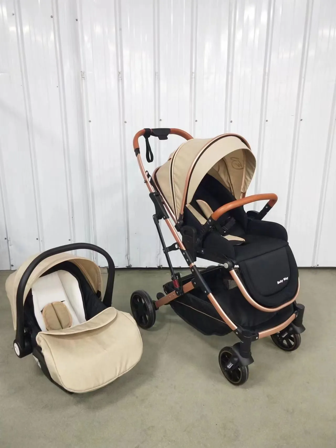 The Flex Beige: 3 in 1 Stroller, Open Bassinet, and Capsule Car Seat Combo