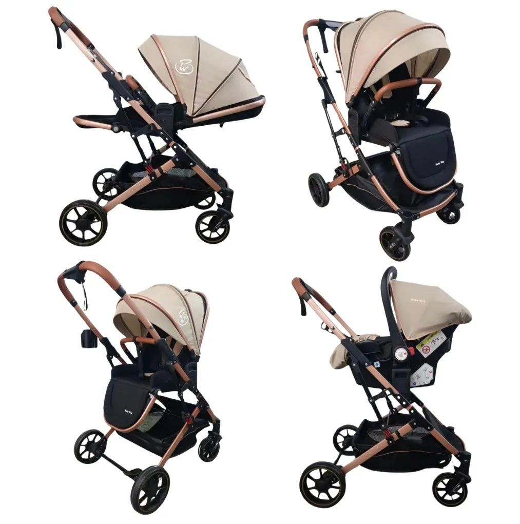 The Flex Beige: 3 in 1 Stroller, Open Bassinet, and Capsule Car Seat Combo