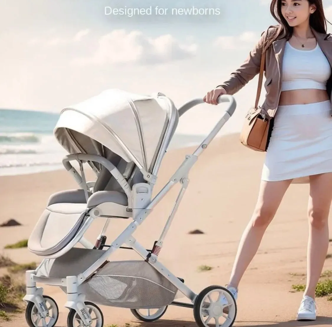 The Flex Beige: 3 in 1 Stroller, Open Bassinet, and Capsule Car Seat Combo