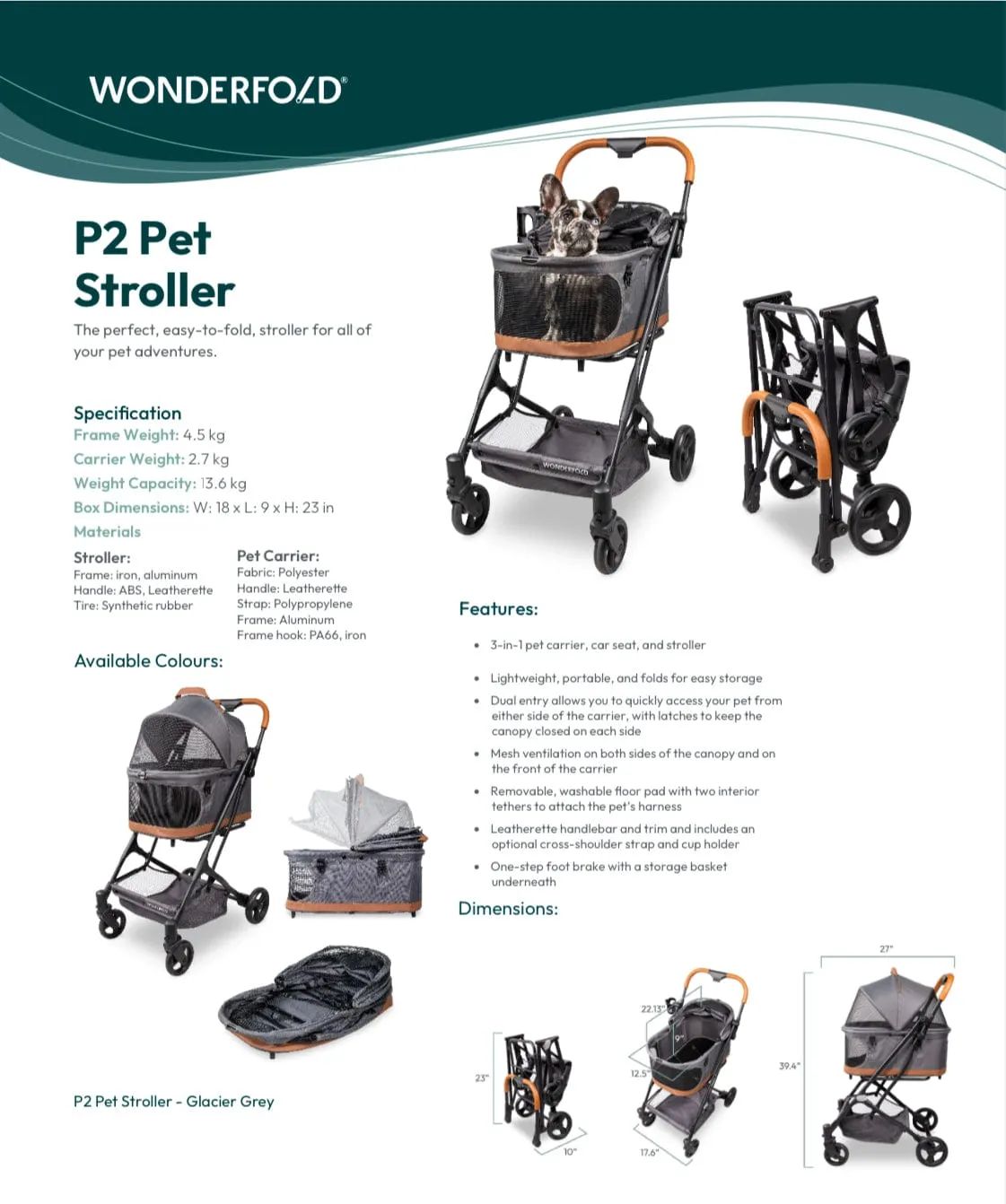 WonderFold P2 3-in-1 Pet Stroller Travel System