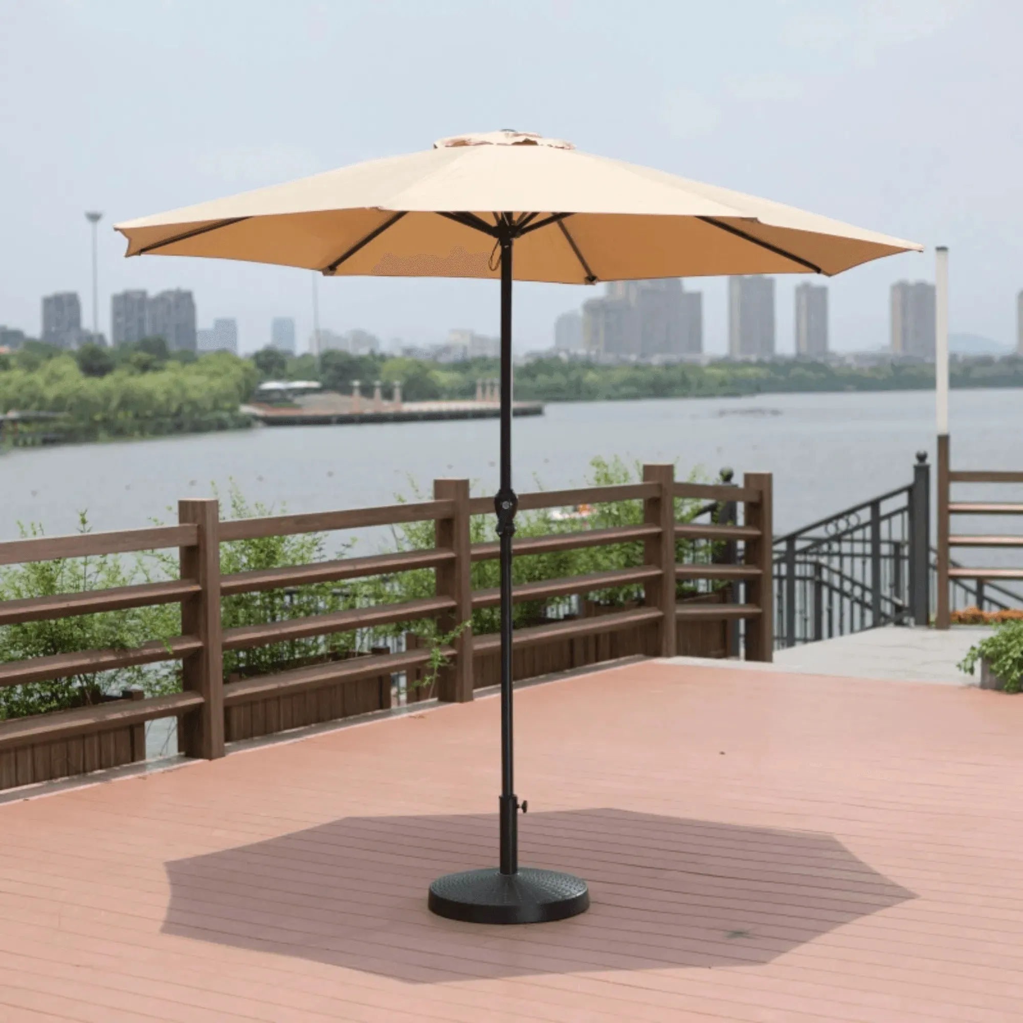 Wooden Twist Velcro Round Outdoor Umbrella with  Rotating Handle UV-Resistant Canopy for Patio & Garden Valet Parking