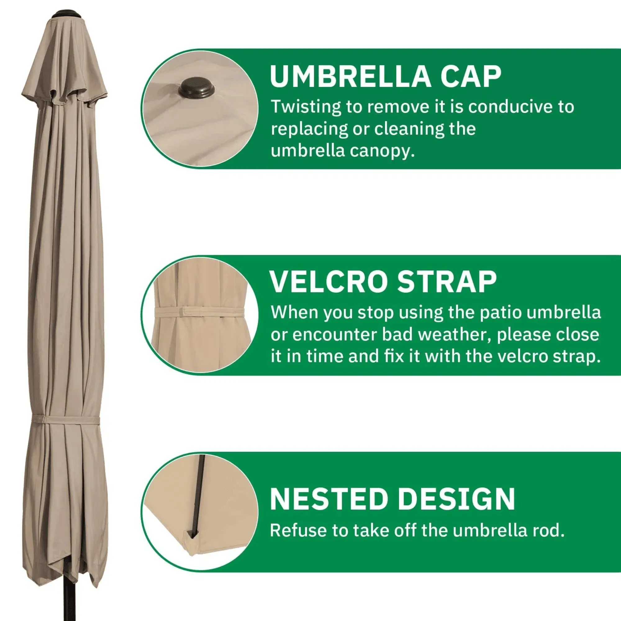 Wooden Twist Velcro Round Outdoor Umbrella with  Rotating Handle UV-Resistant Canopy for Patio & Garden Valet Parking