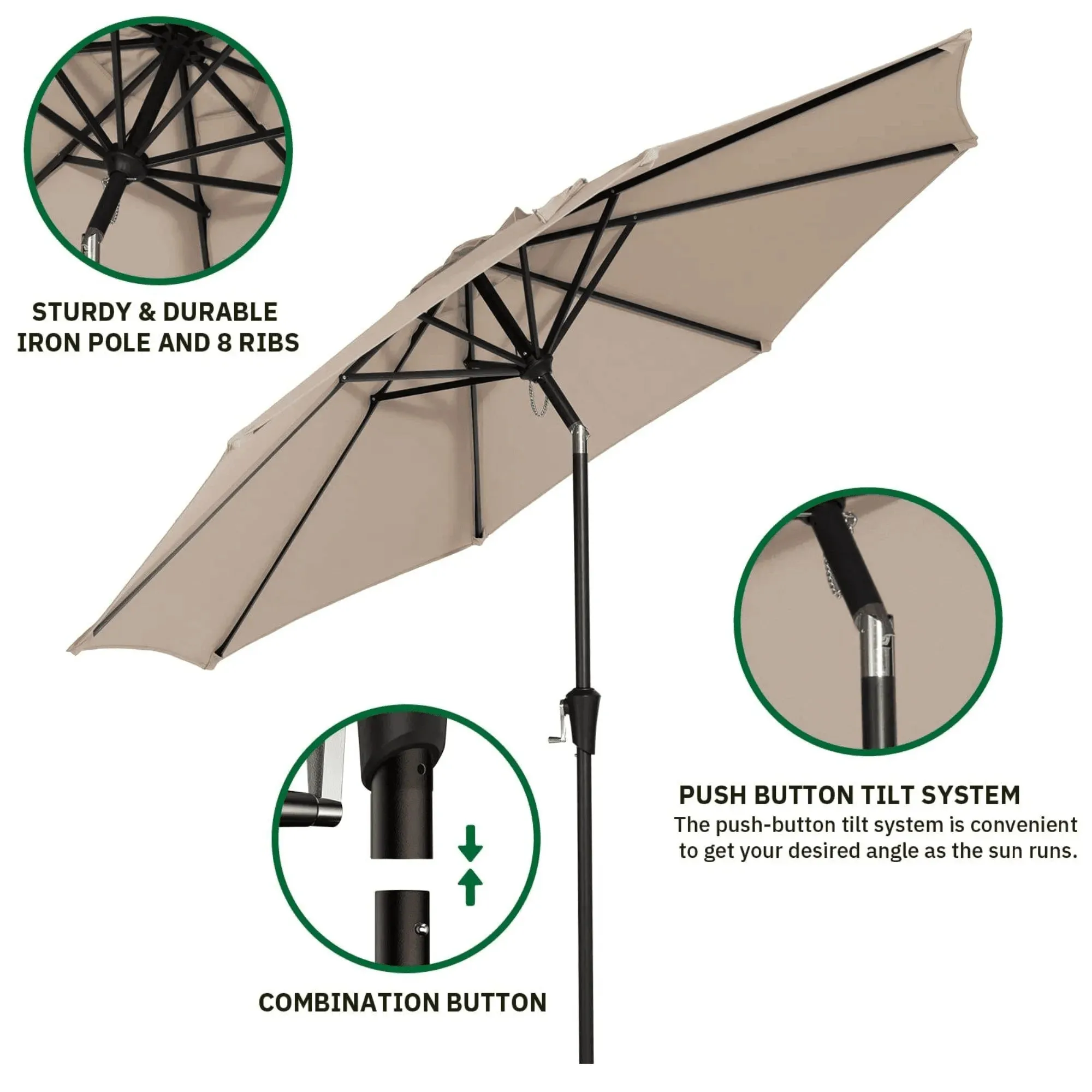 Wooden Twist Velcro Round Outdoor Umbrella with  Rotating Handle UV-Resistant Canopy for Patio & Garden Valet Parking