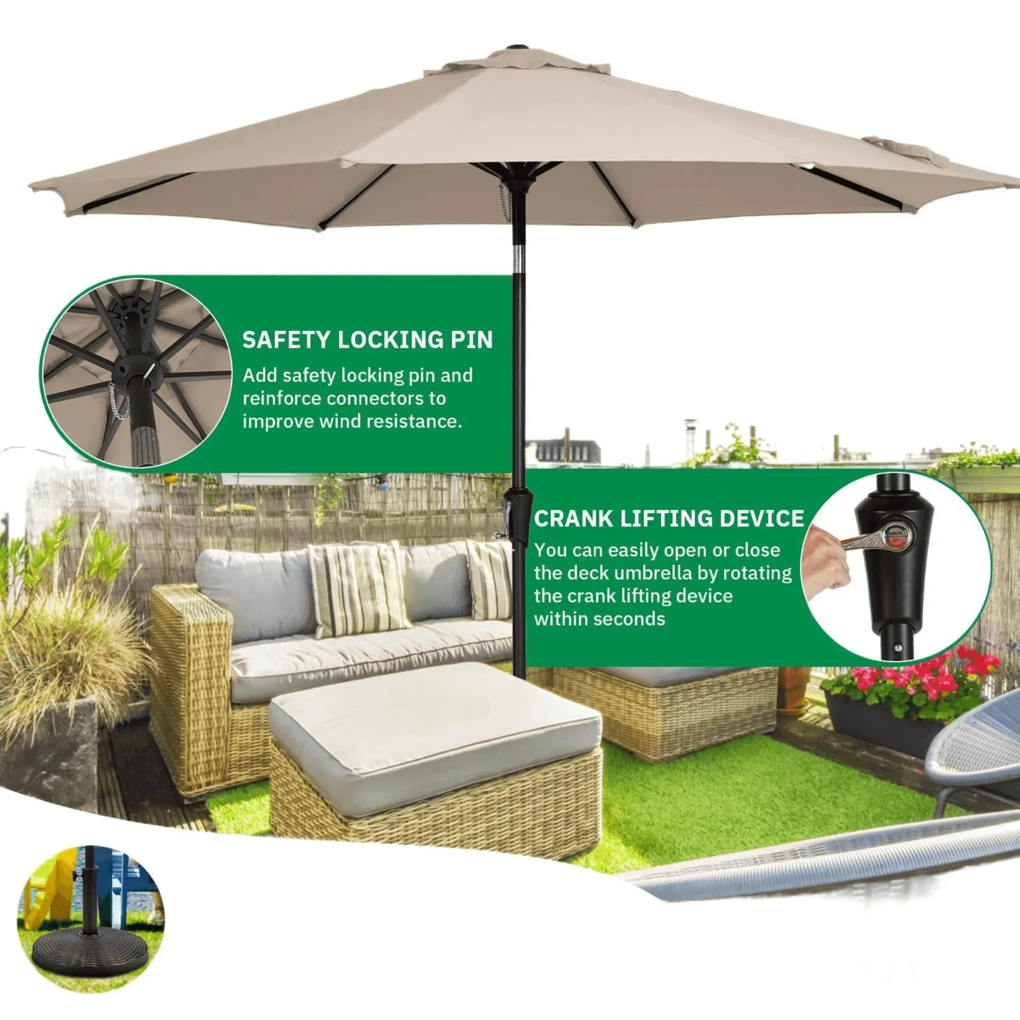 Wooden Twist Velcro Round Outdoor Umbrella with  Rotating Handle UV-Resistant Canopy for Patio & Garden Valet Parking